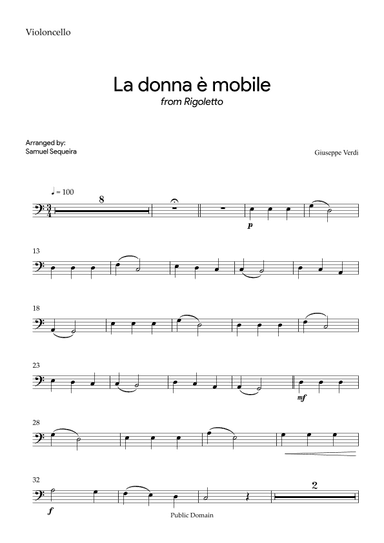 La donna è mobile - for Cello - with Play along (arr. Samuel Sequeira)