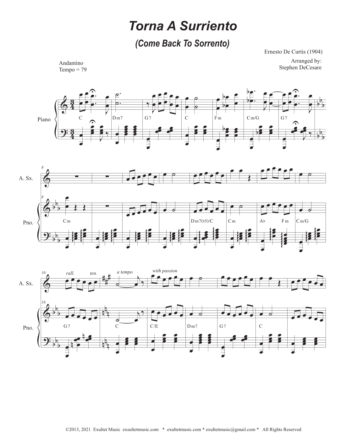 Torna A Surriento (Come Back to Sorrento) (Alto Saxophone and Piano) (arr. Stephen DeCesare)