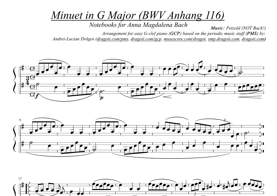 Petzold (NOT Bach!)  - Minuet in G Major (BWV Anhang 116) - G-clef piano (GCP) arr. based on PMS (arr. Dragoi Andrei Lucian)