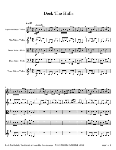 Deck The Halls for String Quartet in Schools (arr. Joseph Judge)