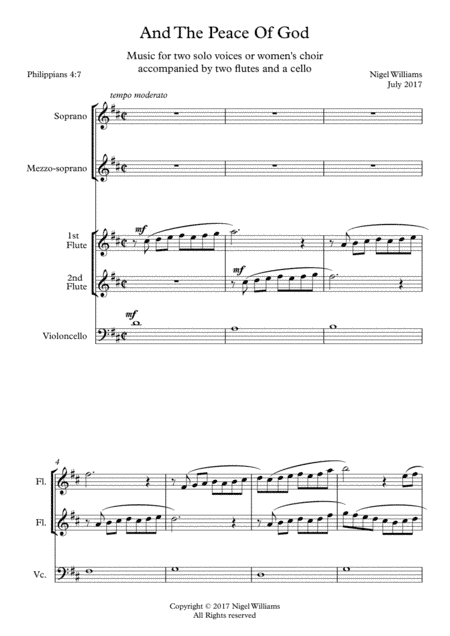 And The Peace Of God, for soprano, alto, two flutes and cello (arr. Nigel Williams)