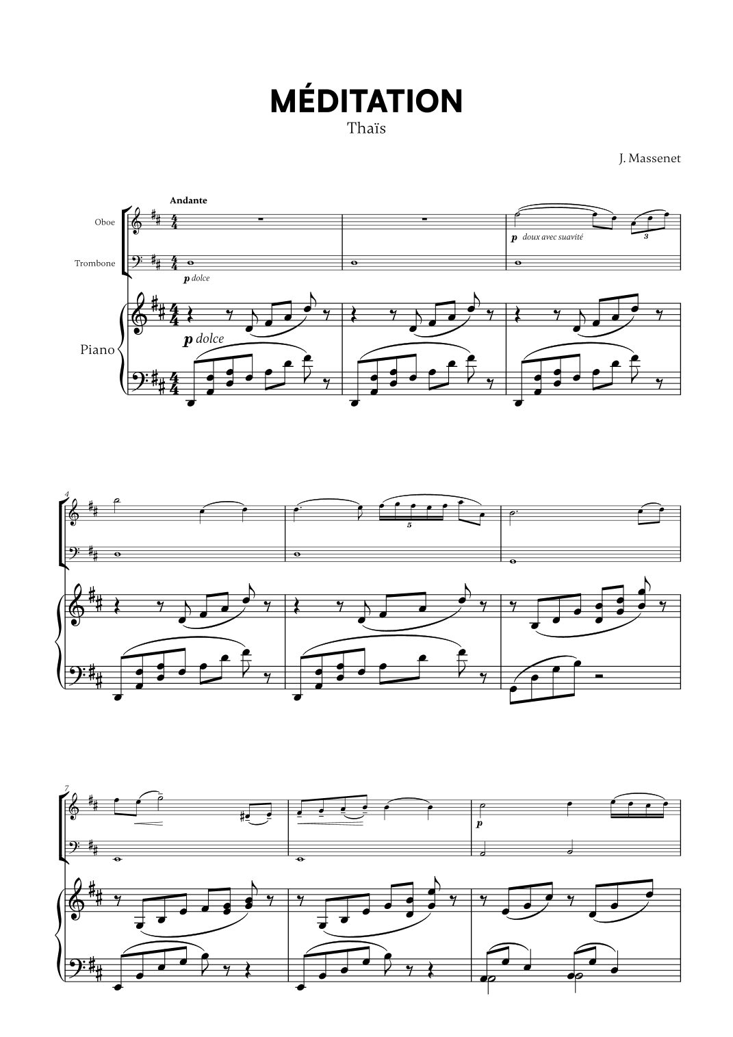 Jules Massenet - Thai¨s Meditation (for Oboe, Trombone and Piano) (arr. Cadenza Editions)