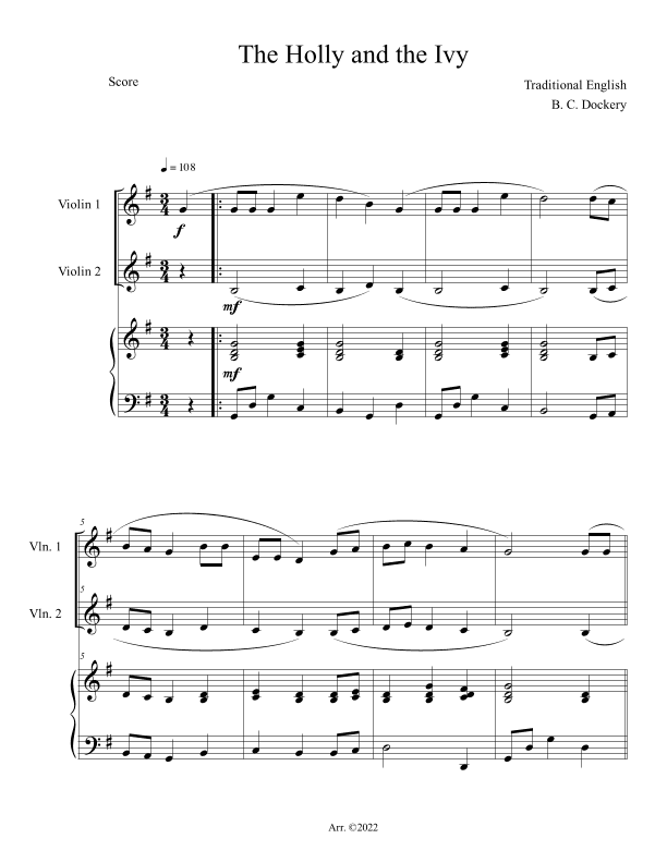 The Holly and the Ivy (Violin Duet with Piano Accompaniment) (arr. B. C. Dockery)