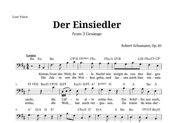 Der Einsiedler by Schumann for Low Voice and Chords (arr. Langanho)