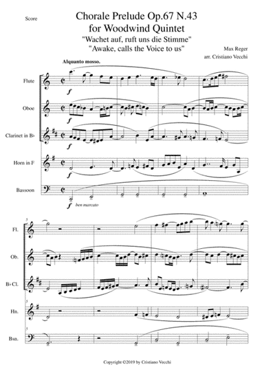 Chorale Prelude Op.67 N.43 for Woodwind Quintet (arr. Cristiano Vecchi)