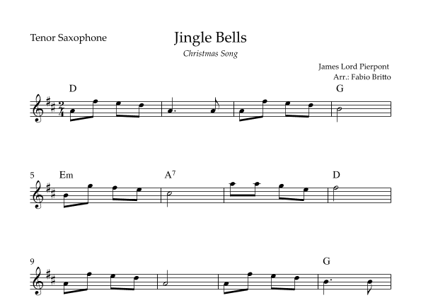 Jingle Bells (Christmas Song) for Tenor Saxophone Solo with Chords (arr. Fabio Britto)