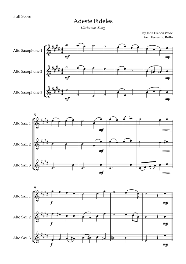 Adeste Fideles (Christmas Song) for Alto Saxophone Trio (arr. Fernando Britto)