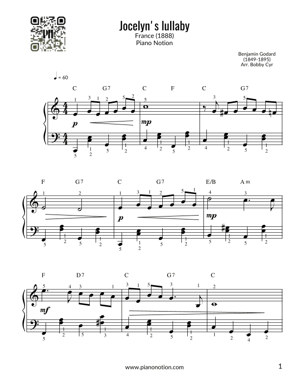Jocelyn's lullaby (Easy Piano) (arr. Bobby Cyr)