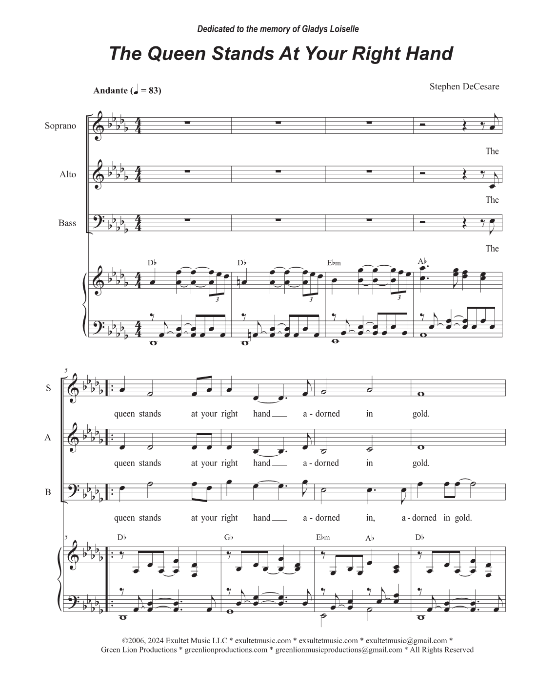 The Queen Stands At Your Right Hand (Vocal Trio - (SAB)