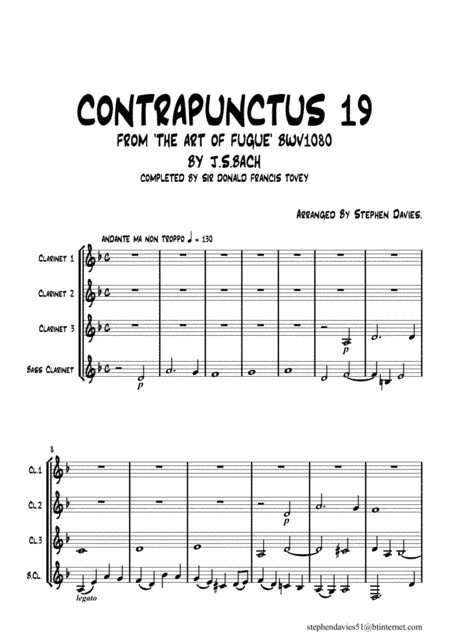 Contrapunctus 19 from ' The Art of Fugue' By J.S.Bach BWV1080 For Clarinet Quartet. (arr. Stephen Davies)