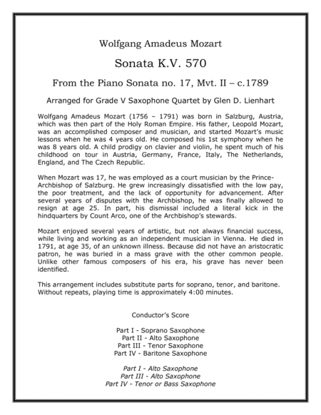 Sonata KV 570 (arr. Glen D. Lienhart)
