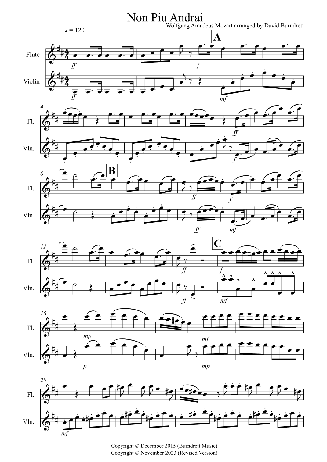 Non Piu Andrai for Flute and Violin Duet (arr. David Burndrett)