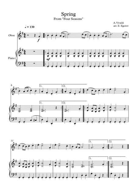 Spring (Four Seasons), Antonio Vivaldi, For Oboe & Piano