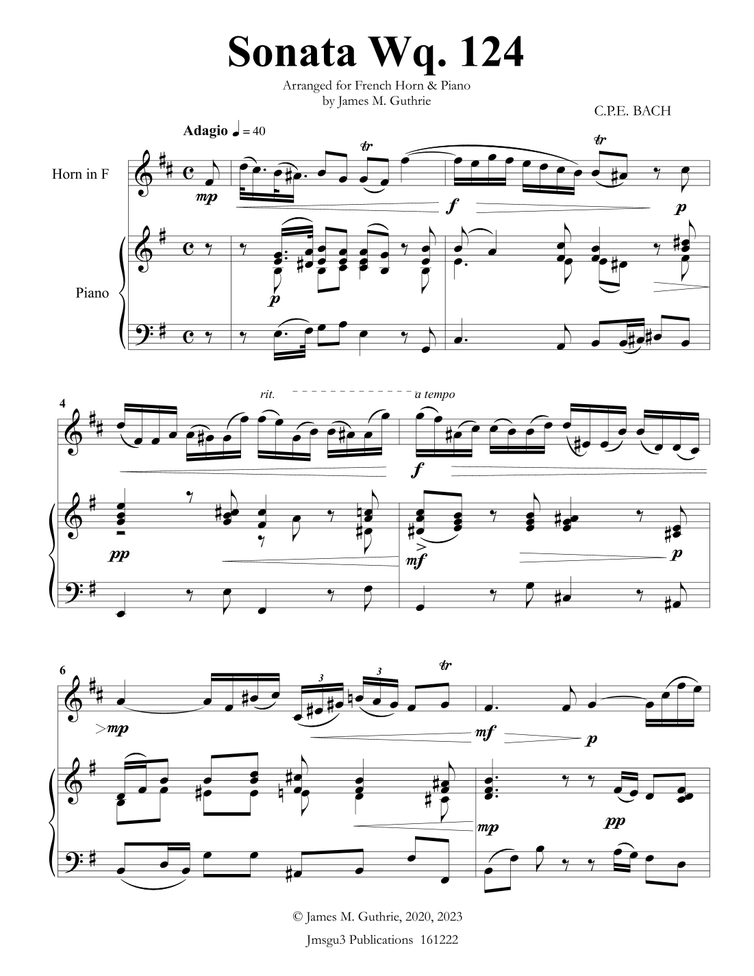 CPE BACH: Sonata in E Minor WQ124 for French Horn & Piano (arr. James Guthrie, ASCAP)