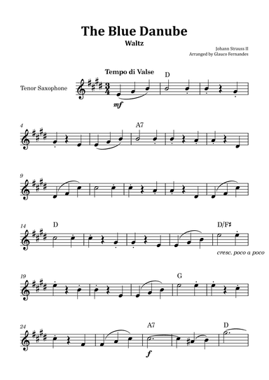 The Blue Danube - Tenor Saxophone Solo with Chord Notations (arr. Glauco Fernandes)