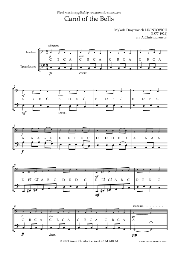 Carol of the Bells - Easy Trombone with note names (arr. Anne L Christopherson GRSM ARCM)
