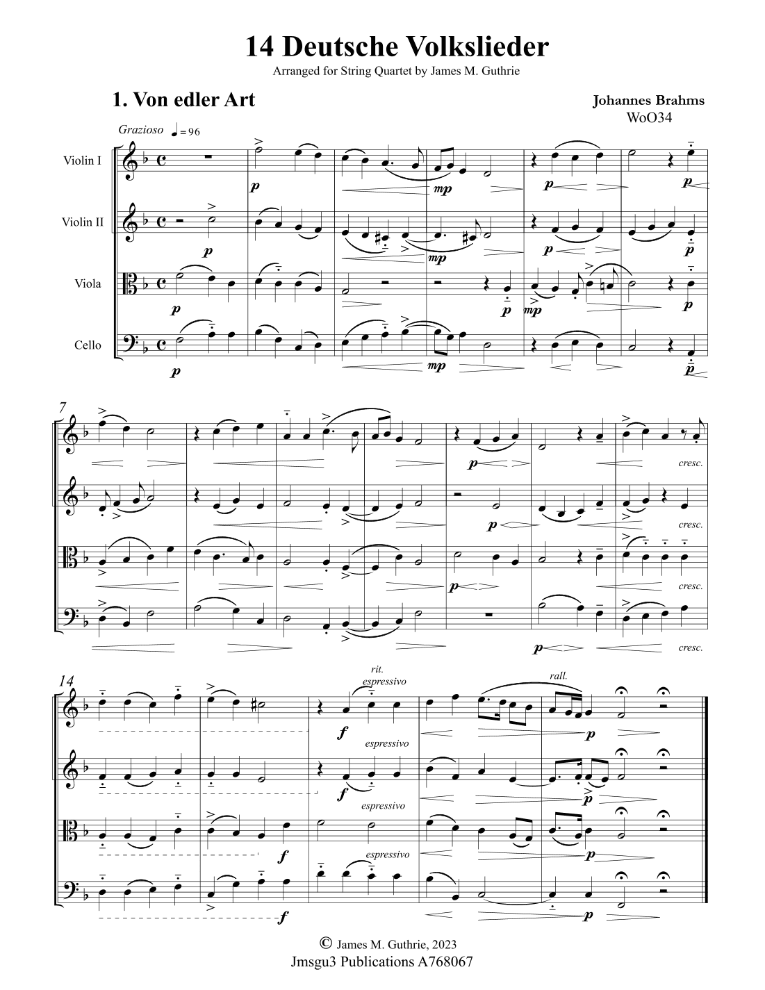 Brahms: 14 Deutsche Volkslieder WoO34 for String Quartet (arr. James M. Guthrie)