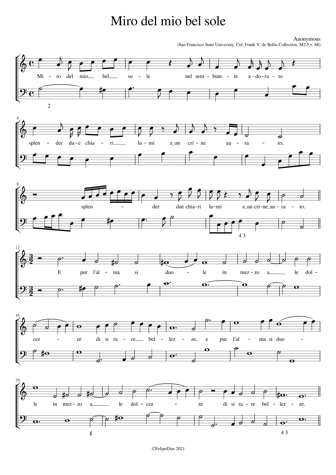 Miro del mio bel sole (arr. Early Music Scores)