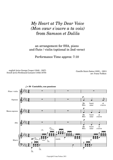 My Heart at Thy Dear Voice (Mon coeur) from Samson & Dalilah SSA, piano, flute or violin (arr. Ivana Tuskan)