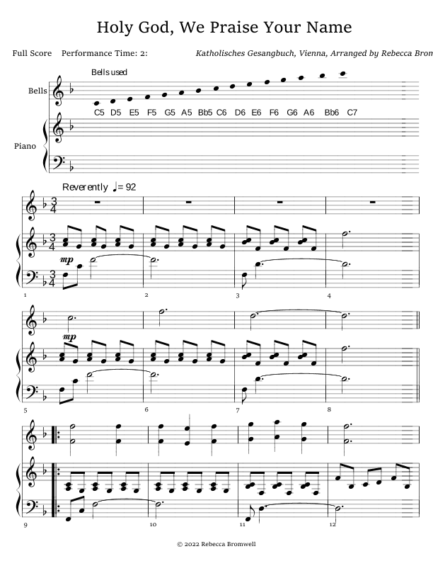 "Holy God, We Praise Your Name" Full Score 2 Octave Handbells with Piano Accompaniment - Score Only (arr. Rebecca Bromwell)