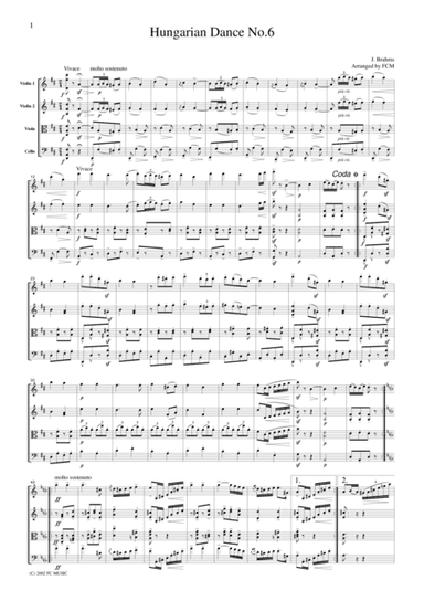 Brahms  Hungarian Dance No.6, for string quartet, CB304 (arr. FCMUSIC)