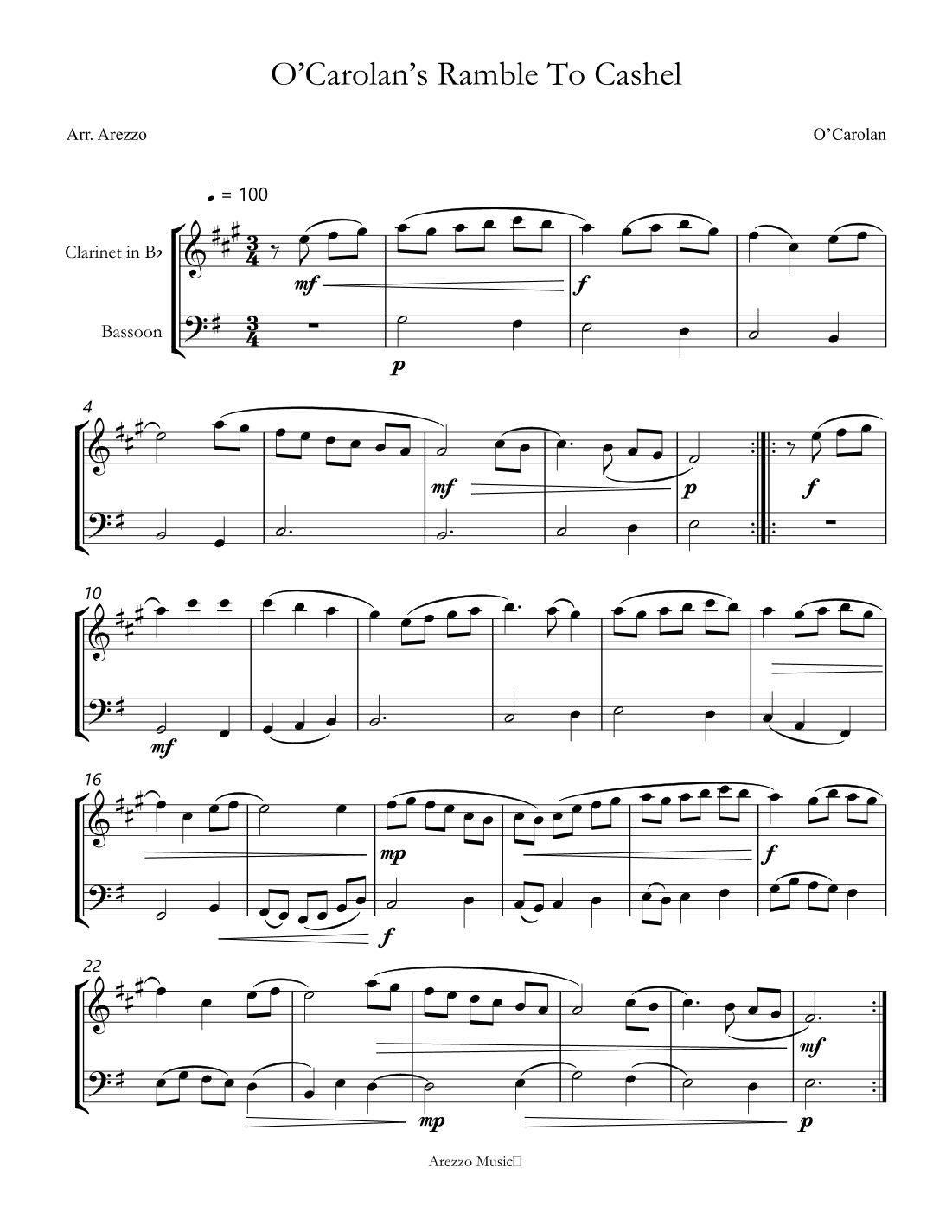 o'carolan ramble to cashel - clarinet and bassoon sheet music turlough'o carolan (arr. Arezzo Music)