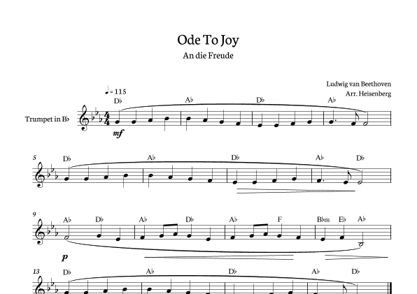 Beethoven - Ode to Joy for trumpet with chords in Db major. (arr. Heisenberg)