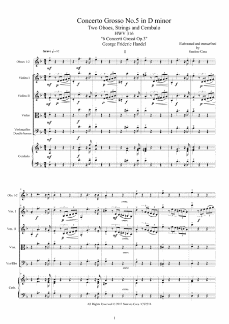 Handel - Concerto Grosso No.5 in D minor Op.3 HWV 316 for Two oboes, Strings and Cembalo (arr. Santino Cara)