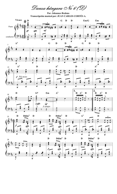 Danza húngara (Ungarischer Tanz) No 6 (WoO 1) por Johannes Brahms Nissen y Adolf Nittinger. (arr. Juan Carlos Cortés A.)