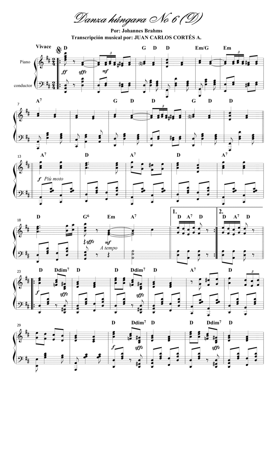 Danza húngara (Ungarischer Tanz) No 6 (WoO 1) por Johannes Brahms Nissen y Adolf Nittinger. (arr. Juan Carlos Cortés A.)