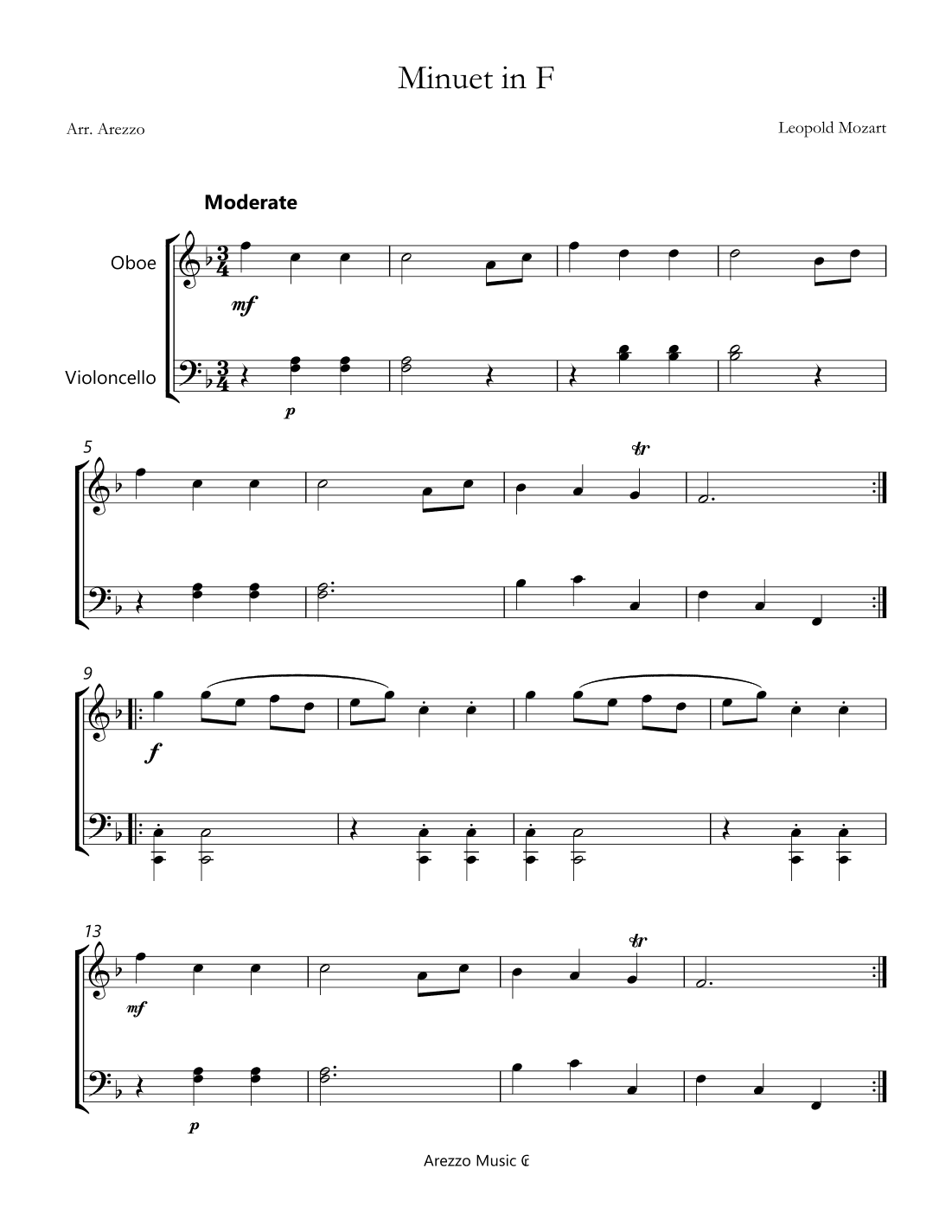 Minuet in F Major Leopold Mozart Oboe and Cello sheet music  (arr. Arezzo Music)