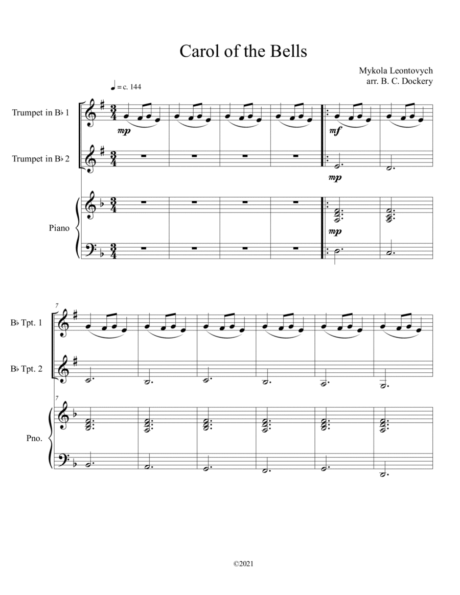 Carol of the Bells (Trumpet Duet with Piano Accompaniment) (arr. B. C. Dockery)