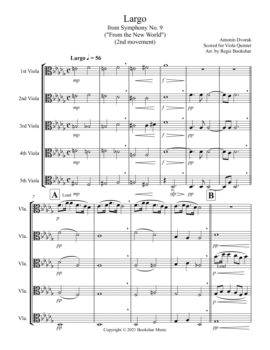 Largo (from "Symphony No. 9") ("From the New World") (Db) Viola Quintet) (arr. Regis Bookshar)