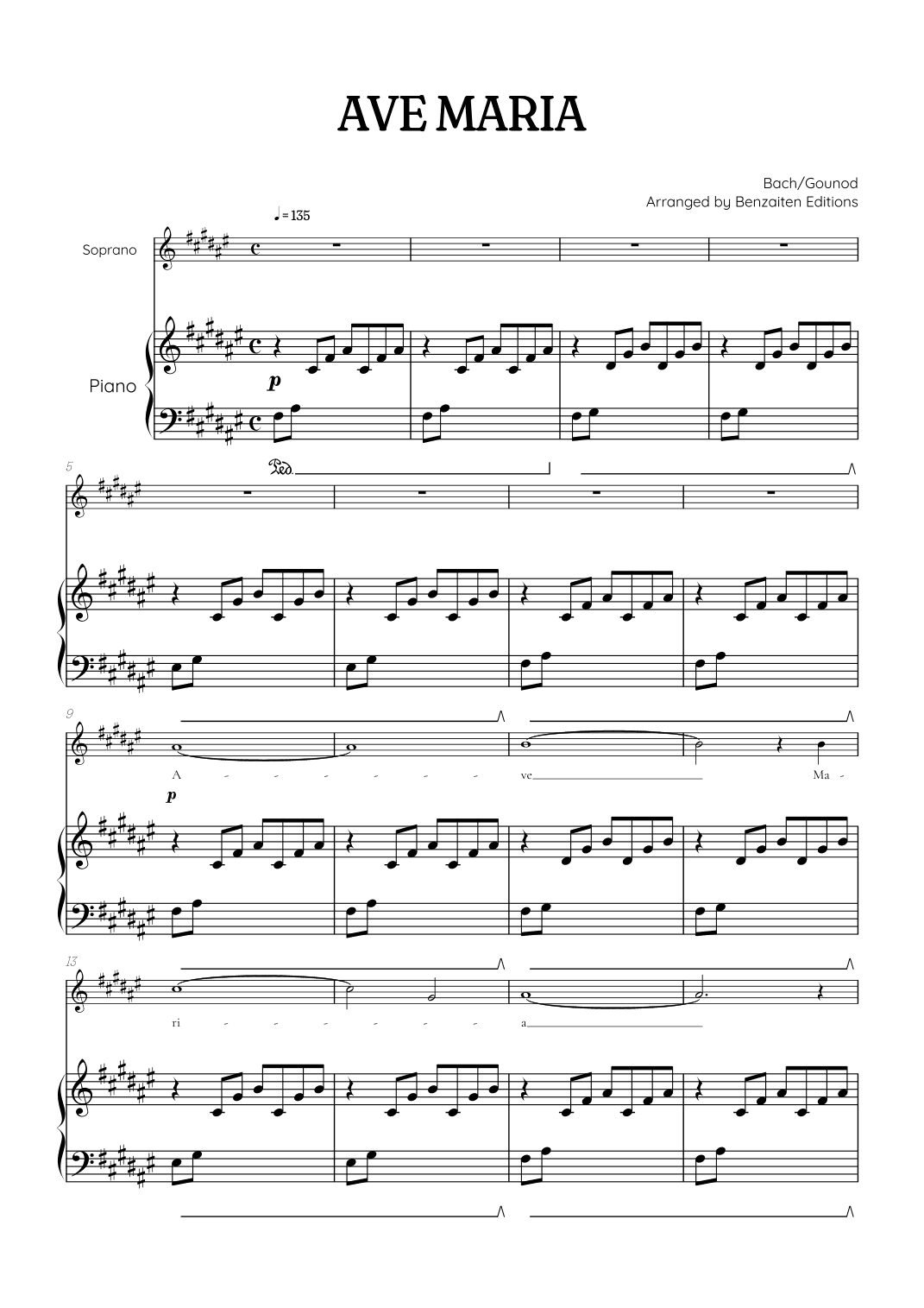 Bach / Gounod Ave Maria in F sharp major [F#] • soprano sheet music with piano accompaniment (arr. Benzaiten Editions)
