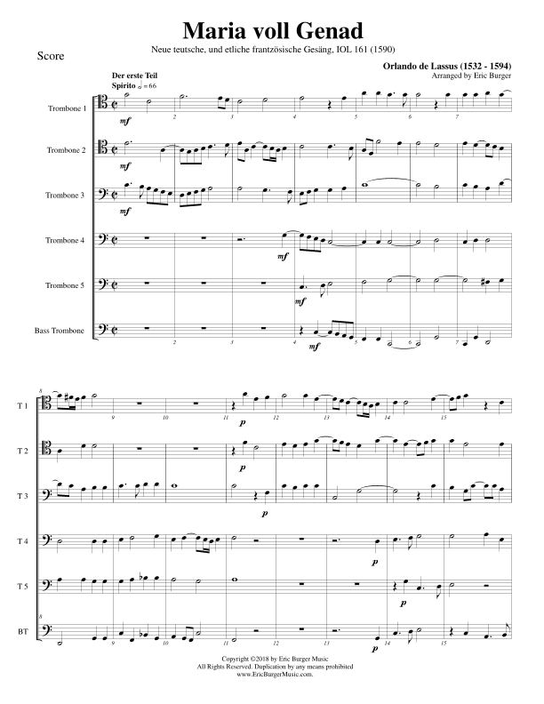 Maria voll Genad for Trombone or Low Brass Sextet (arr. Eric Burger Music)