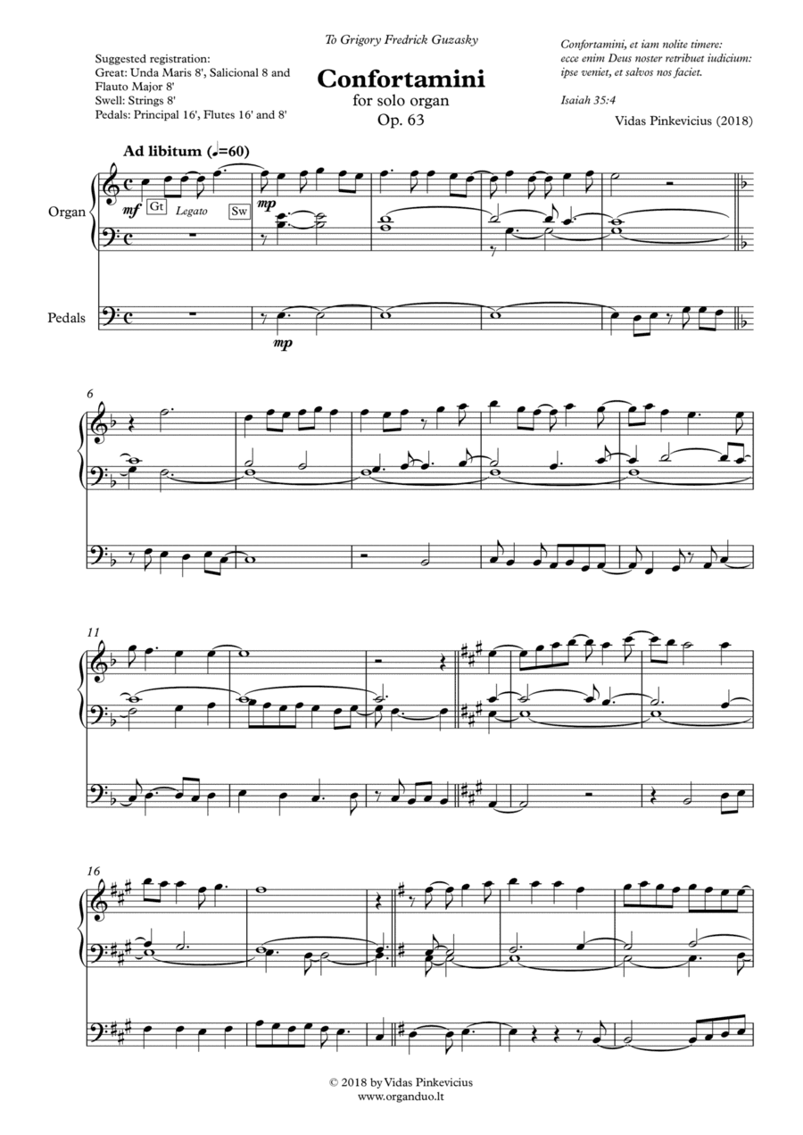 Confortamini, Op. 63 (2018) for solo organ by Vidas Pinkevicius