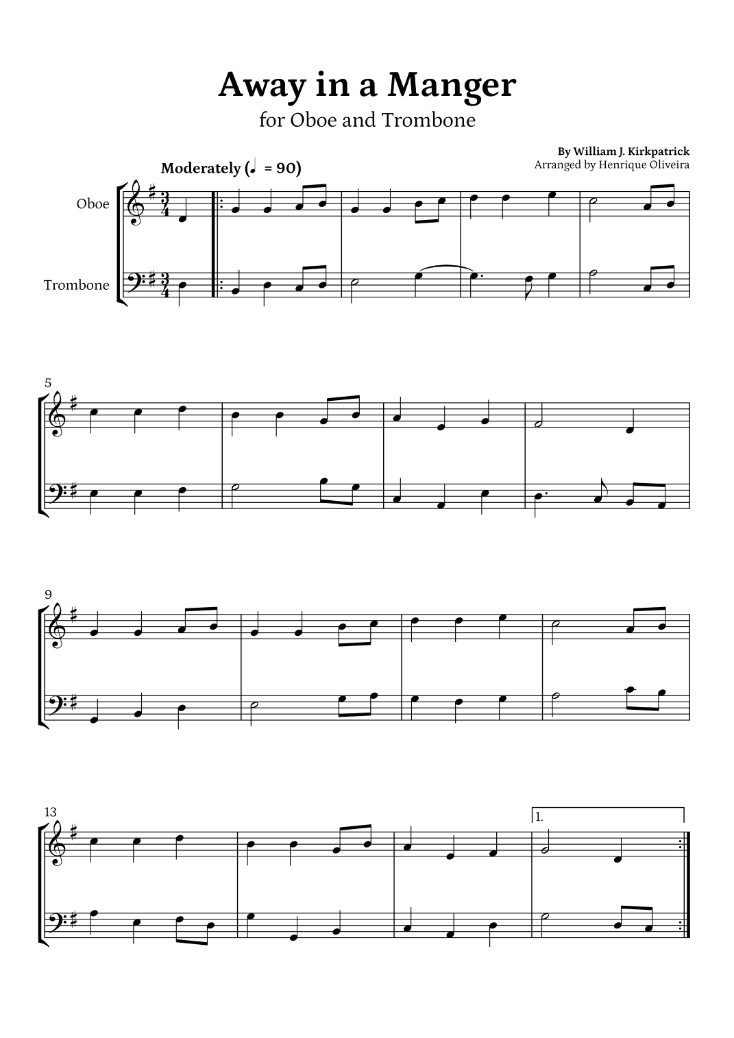 Away in a Manger (Oboe and Trombone) - Beginner Level (arr. Henrique Oliveira)