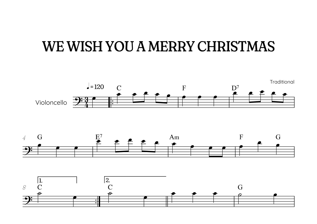 We Wish You a Merry Christmas for cello • easy Christmas sheet music with chords (arr. Benzaiten Editions)