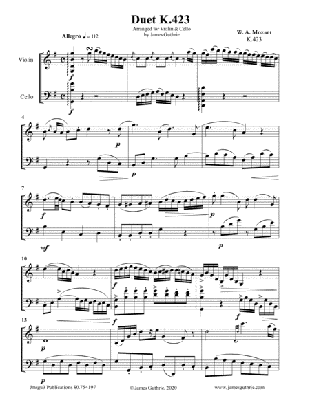 Mozart: Duet K.423 for Violin & Cello (arr. James Guthrie, ASCAP)