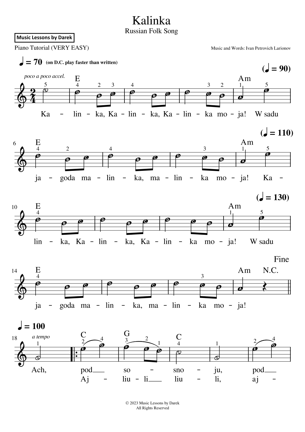 Kalinka (Russian Folk Song) [VERY EASY PIANO] (arr. Darek)