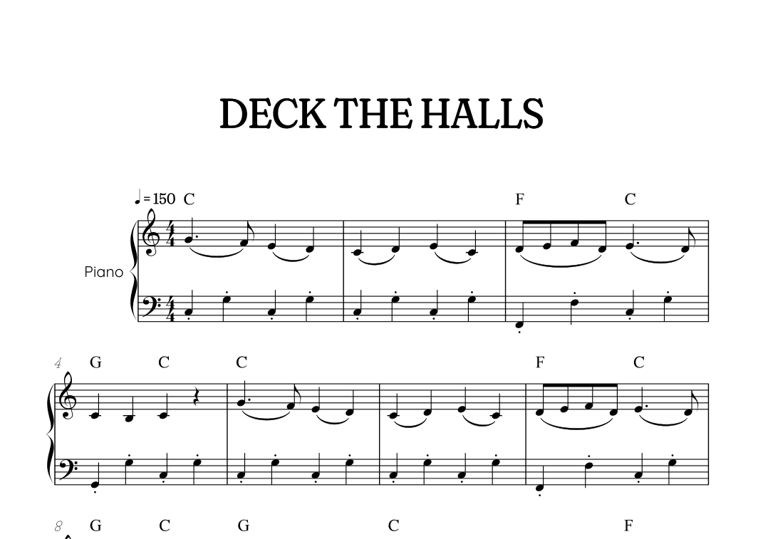 Deck the Halls easy piano • easy Christmas song sheet music with chords (arr. Benzaiten Editions)
