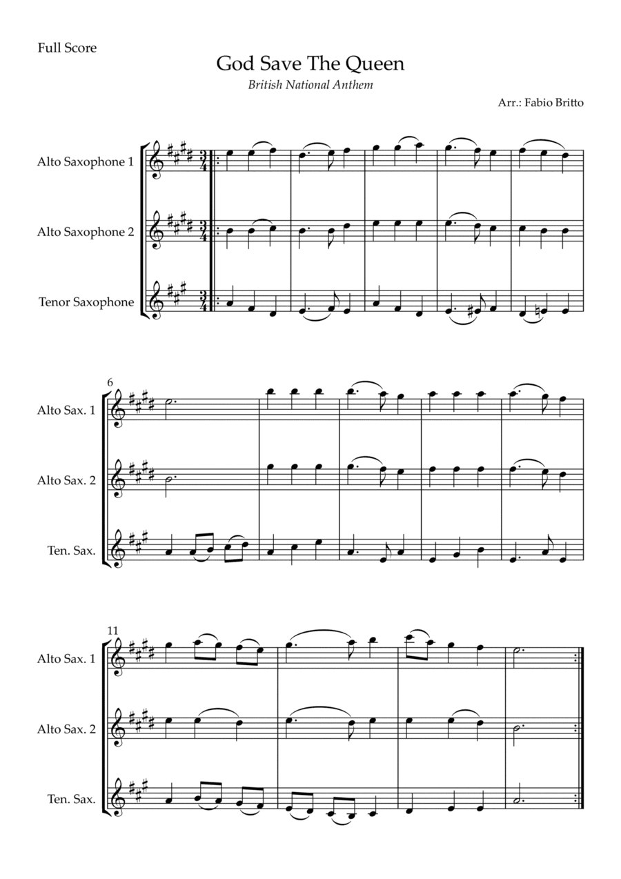 God Save The Queen (British National Anthem) for Saxophone Trio (arr. Fabio Britto)
