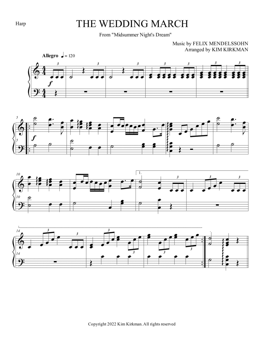 Bridal March Mendelssohn for harp no levers required (arr. Kim Kirkman)