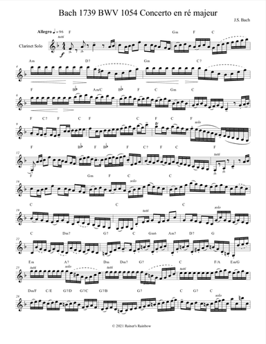 Bach 1739 BWV 1054 For Clarinet Quartet Parts & Score (arr. Rainer Grant Roth)