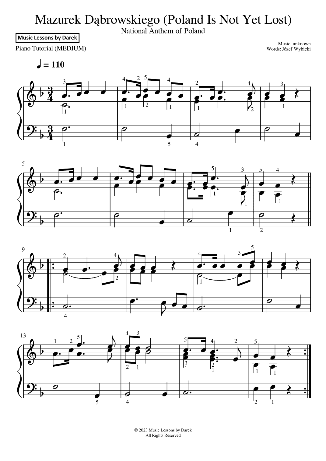 Mazurek Dabrowskiego (National Anthem of Poland) [MEDIUM PIANO] (arr. Darek)