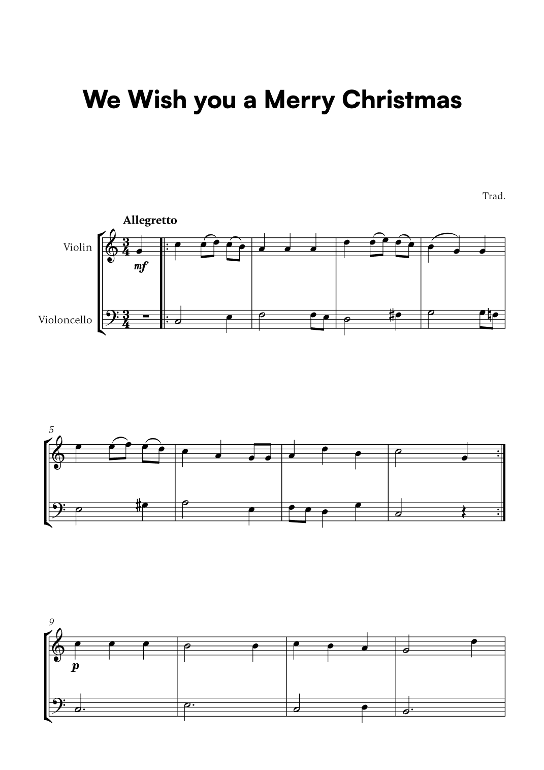 Trad. - We Wish you a Merry Christmas (for Violin and Cello) (arr. Cadenza Editions)