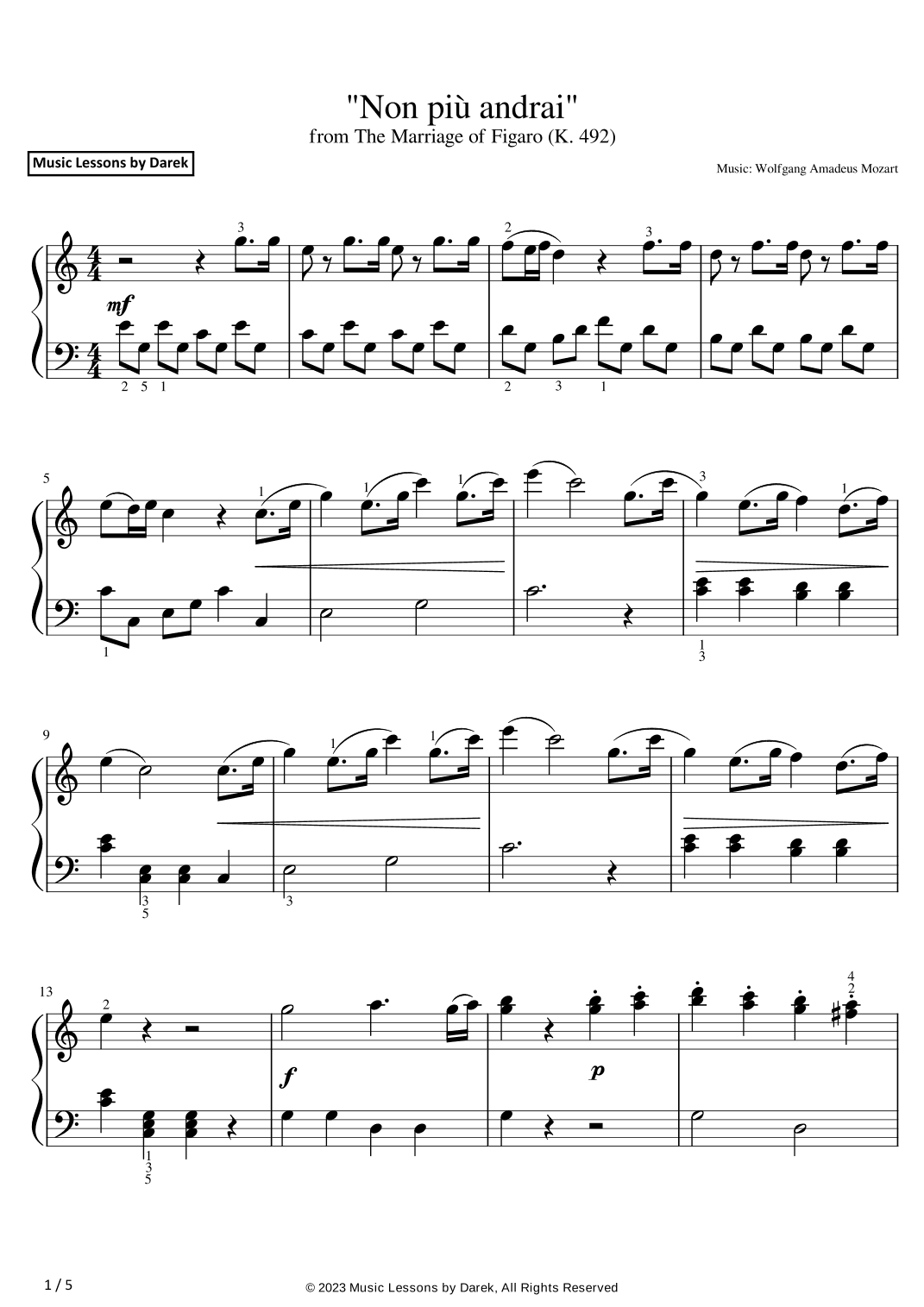 "Non più andrai" (EASY PIANO) from The Marriage of Figaro (K. 492) [Wolfgang Amadeus Mozart] (arr. Darek)