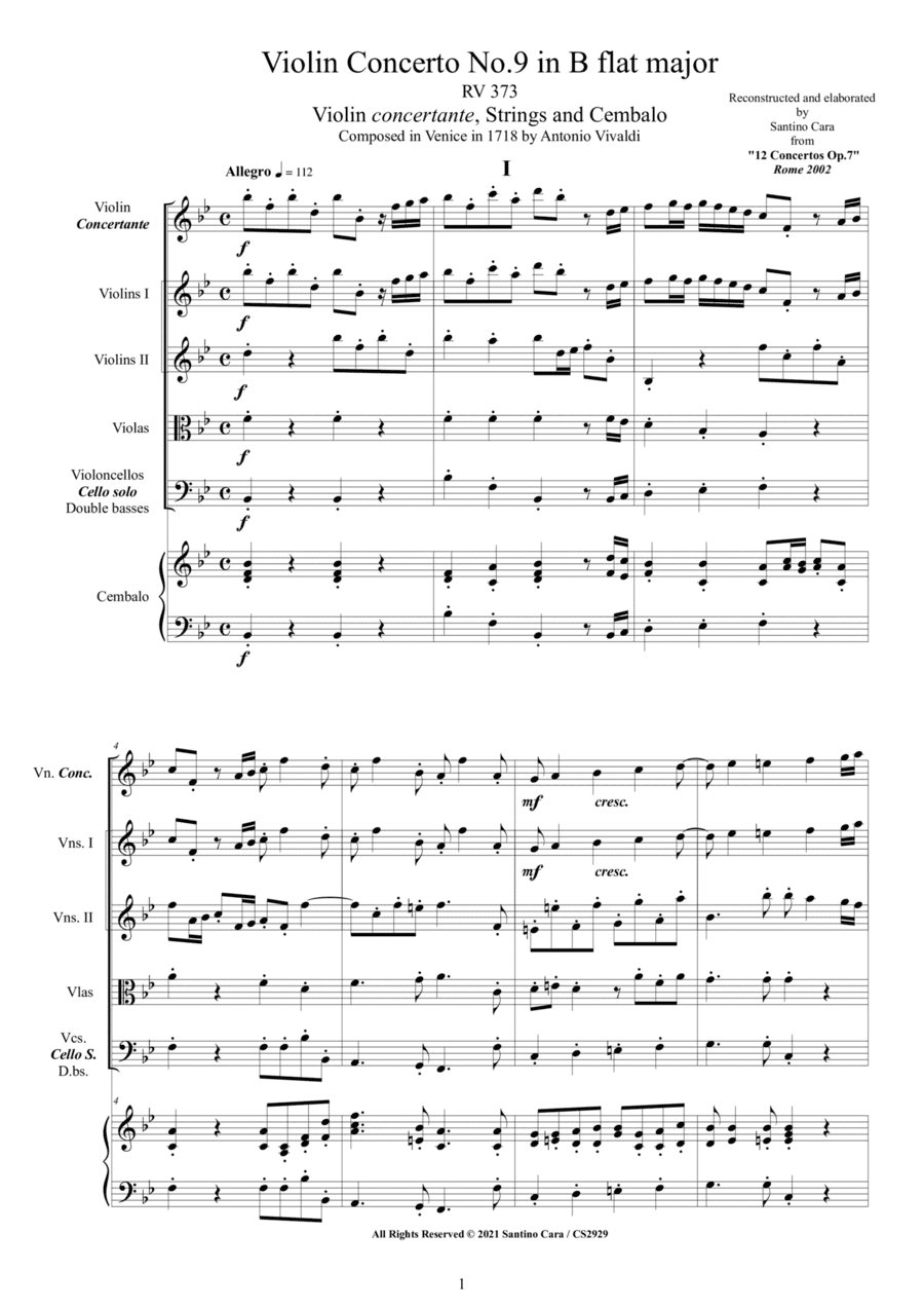 Vivaldi - Violin Concerto No.9 in B flat major RV 373 Op.7 for Violin, Strings and Cembalo (arr. Santino Cara)