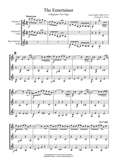 The Entertainer, Ragtime (easy, abridged) for clarinet trio (C Major) (arr. K. Krantz)