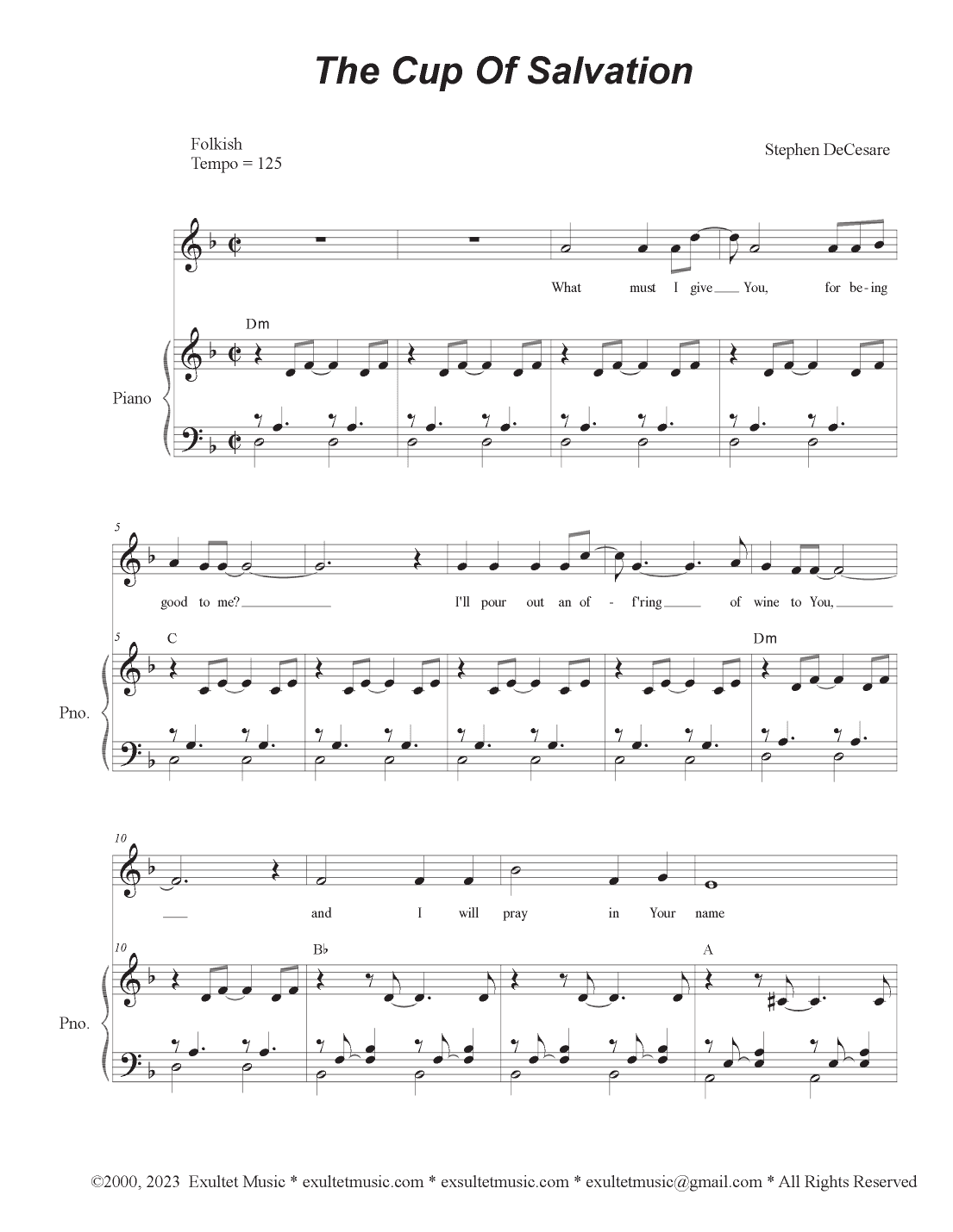 The Cup Of Salvation (Unison choir - (Medium Key)